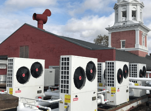 Historic Presbyterian Church with five Solstice SE air-to-water heat pumps on the roof 